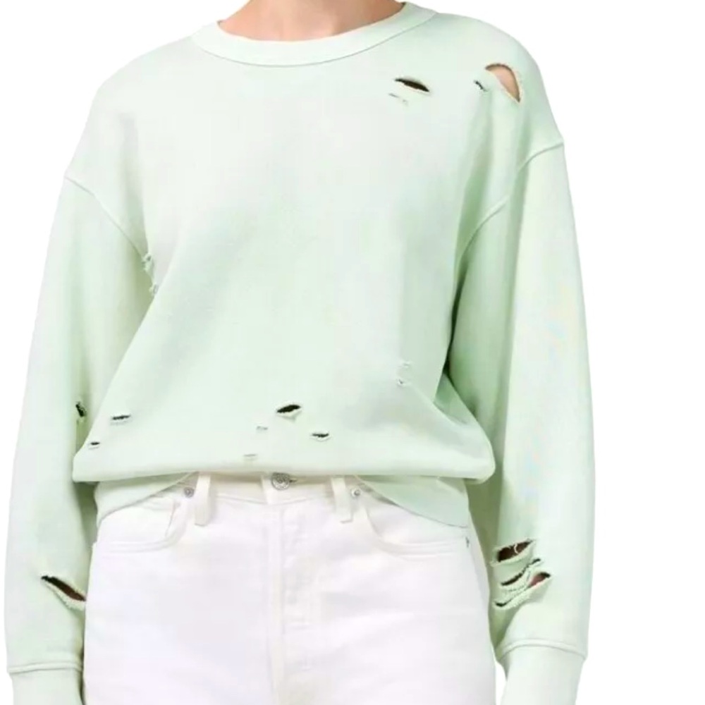 CITIZENS OF HUMANITY Suvi Distressed Boxy Pullover Sweatshirt in Light Jade Sz S